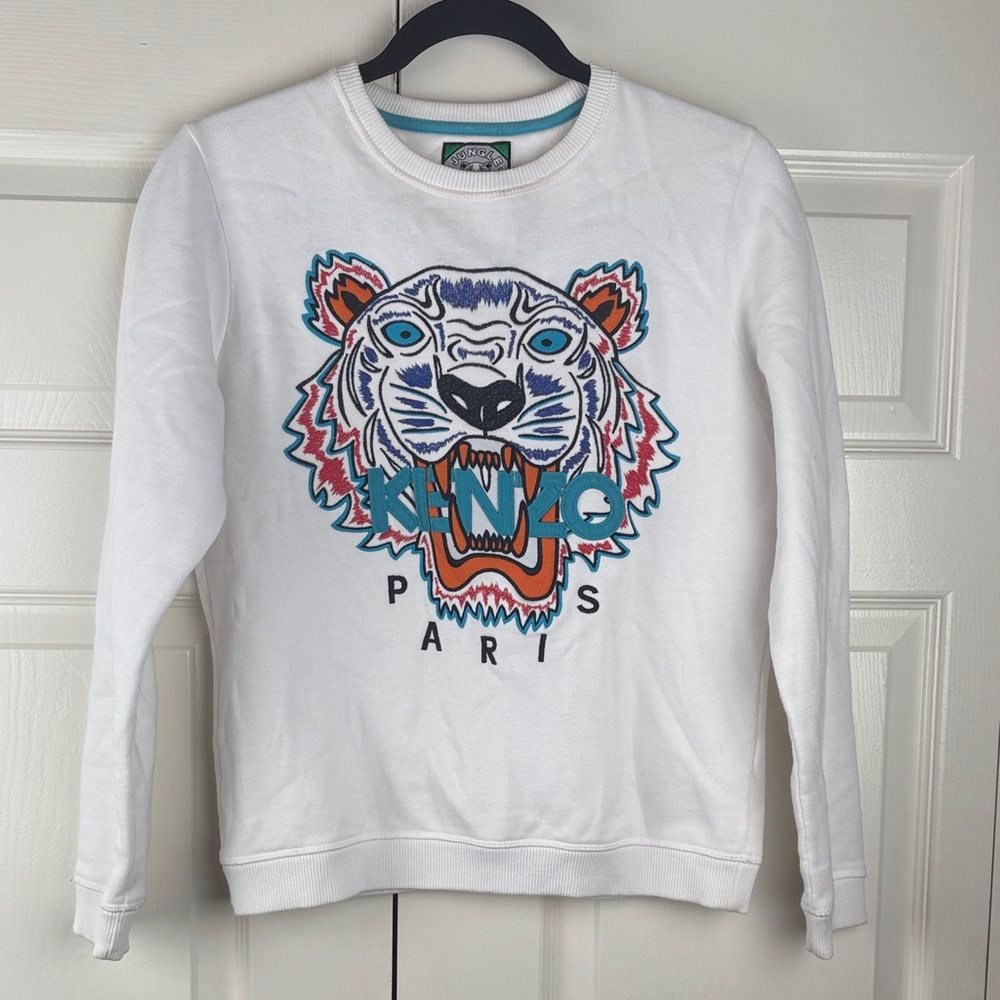 Kenzo Paris Lucky Tiger White Sweatshirt Embroidered Size Medium